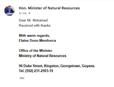 Reply from the Office of the Minister of Natural Resources, Guyana, recognizing HydraATM