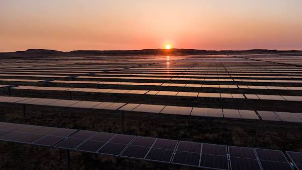 Solar panel field at sunset