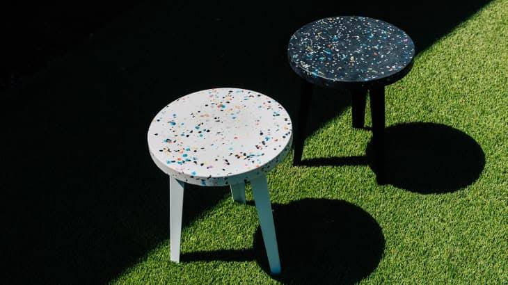 Terrazzo-style stools made from recycled plastic